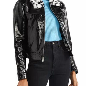THE MIGHTY COMPANY Patent Leather Jacket Sz M Black Dalmatian Faux Fur RRP €800